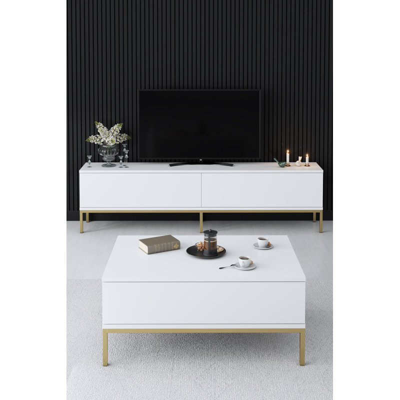 Ensemble de mobilier de salon moderne, blanc et or | Comprend un meuble télé (70,9 x 18,5 x 11,8 po), une console (59,1 x 31,5 x 11,8 po), une table basse (35,4 x 15,7 x 23,6 po) | Panneau de particules enduit 100% mélamine, pieds en métal, design élégant Glam