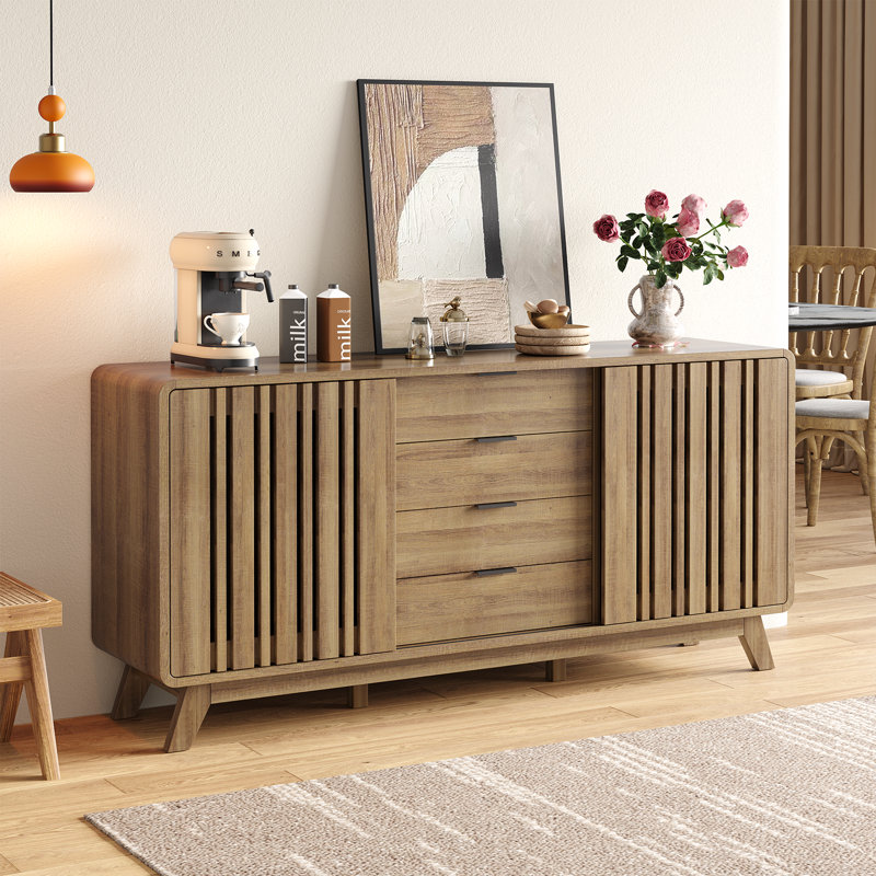 61.4'' Sideboard Buffet Cabinet With Storage, Fluted Buffet Cabinet With Sliding Doors & 4 Drawers, Oak