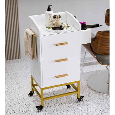 Chariot de rangement de salon avec roulettes verrouillables, chariot à cheveux roulant avec tiroirs et porte-séchoir, armoire de salon pour salon de beauté spa (blanc)