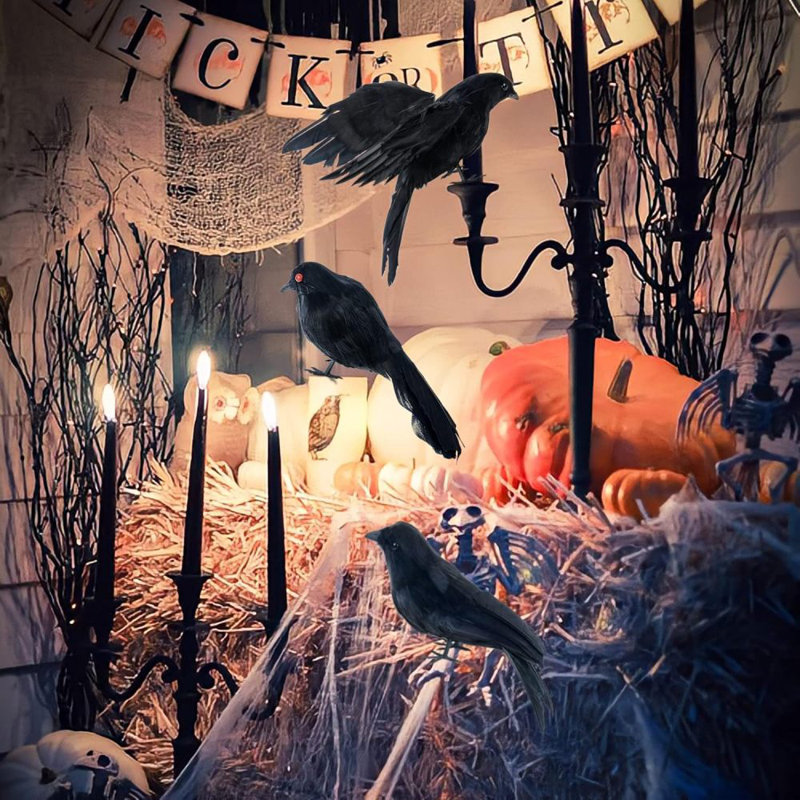 6 pièces de corbeaux noirs d'Halloween avec 1 pièce de nid d'oiseau, corneilles à plumes noires faites à la main et plumes d'oiseaux