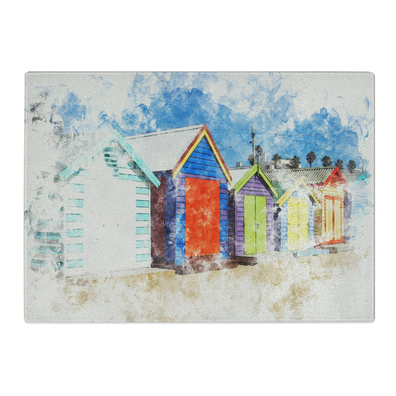 Colourful Beach Huts Watercolour Chopping Board, 0.4cm H x 28.5cm W x 39cm L