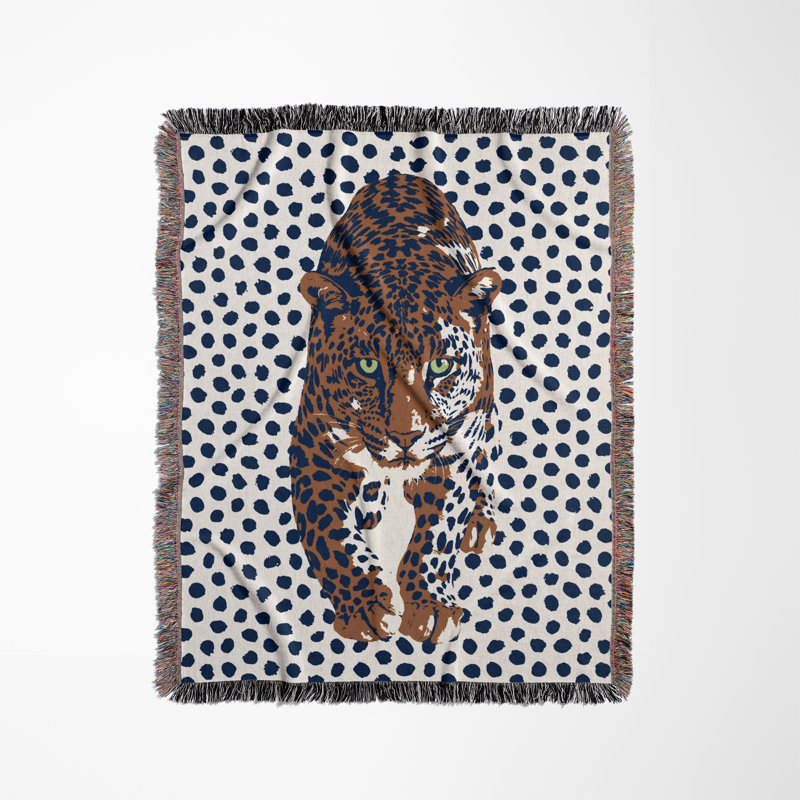 Jeté en mélange de coton Inky Leopard, Bleu / orange brûlé / blanc cassé, L 70 po x l 50 po