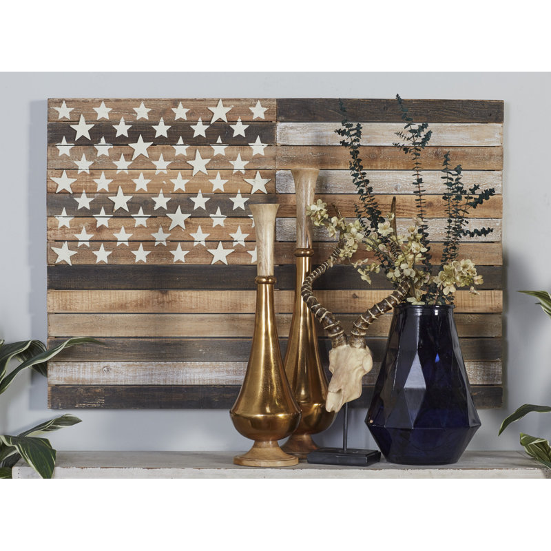 Handmade Washed Brown and Cream Wood American Flag Wall Decor