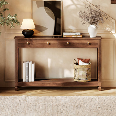 55" Modern Console Table With 2 Drawers And Open Shelf, Farmhouse Sofa Table With Fluted Legs, Walnut