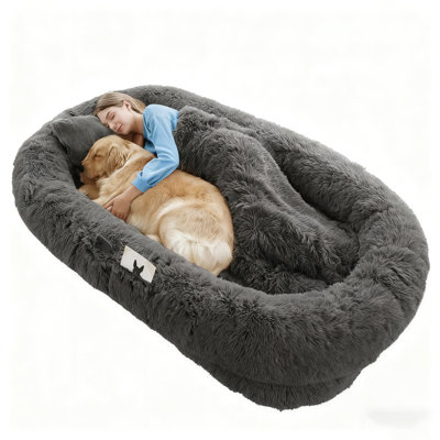 Human Dog Bed(dark Grey) - Large Washable Faux Fur Orthopedic Pet Bed For People & Pets | 71x45x12in, Complete Set (pillow+blanket+strap) | Thick Bolster (secure Hug Feeling) | Fits Living Room/bedroom |  Must-have Cozy Sleep Gear
