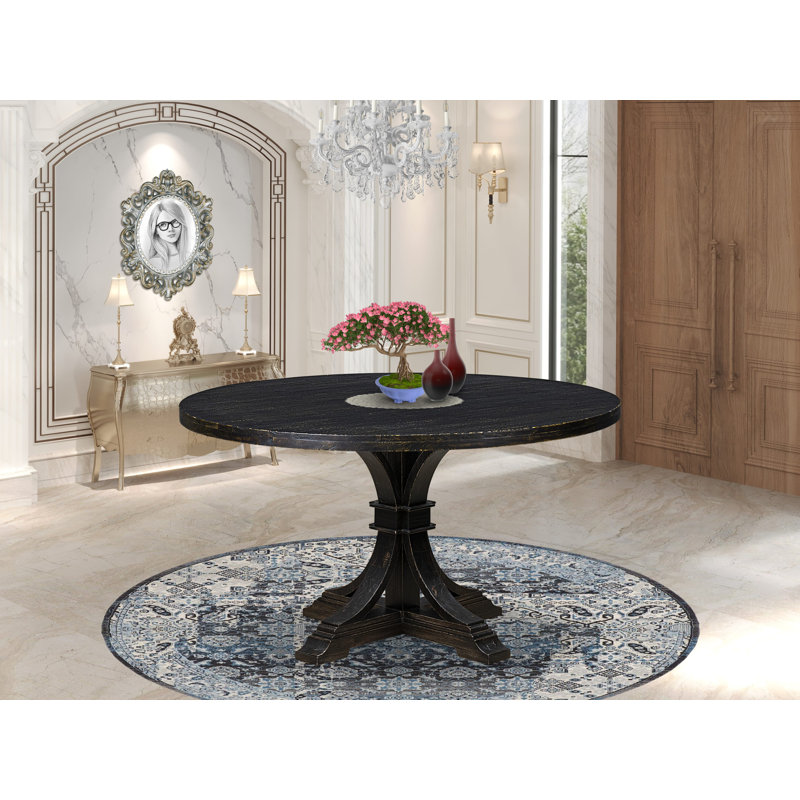 Table de cuisine de style Mid-Century avec plateau rond en bois d'acacia et base piédestal élégante - fini noir sablé