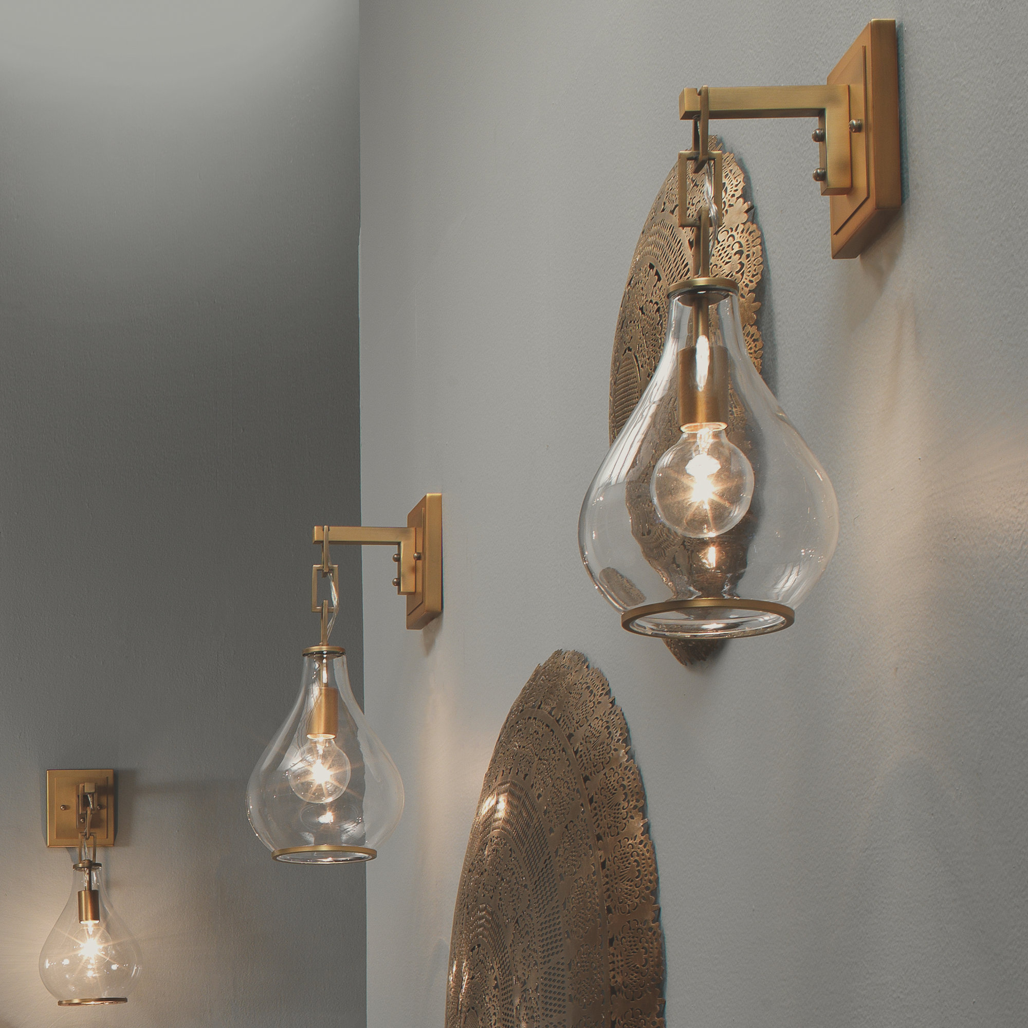 Single Light Glass Iron Dimmable Armed Sconce, Brass