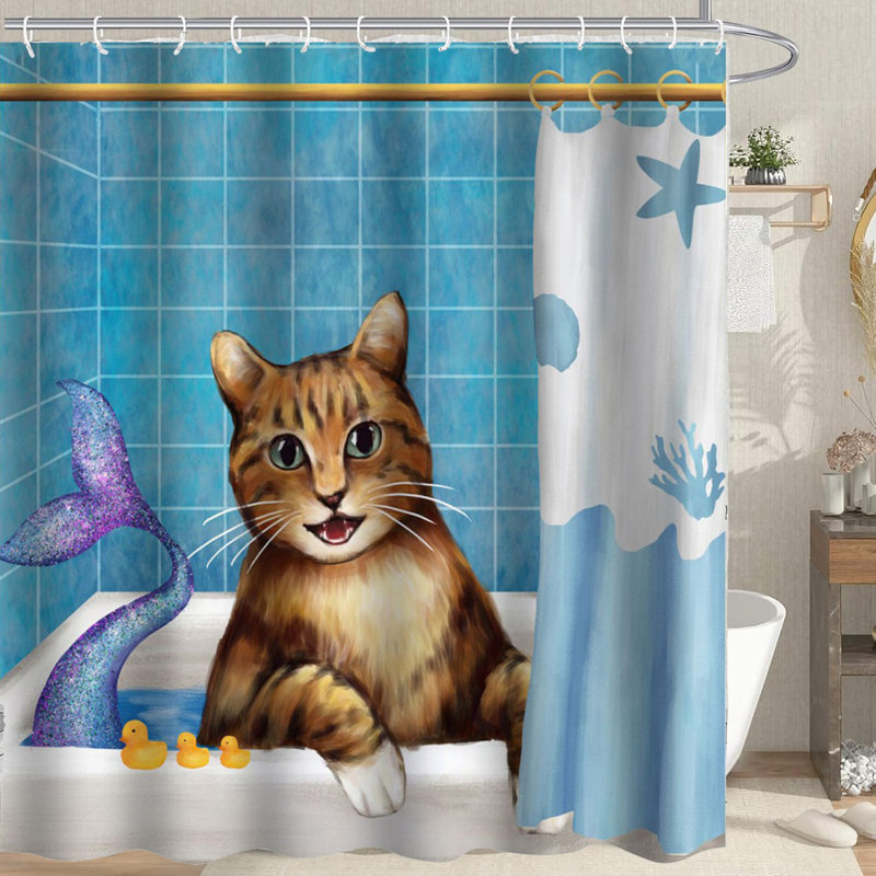 Ensemble de rideau de douche drôle de chat, rideaux de douche en tissu imperméable avec crochets, ensemble de rideau de douche en tissu imperméable minimaliste moderne