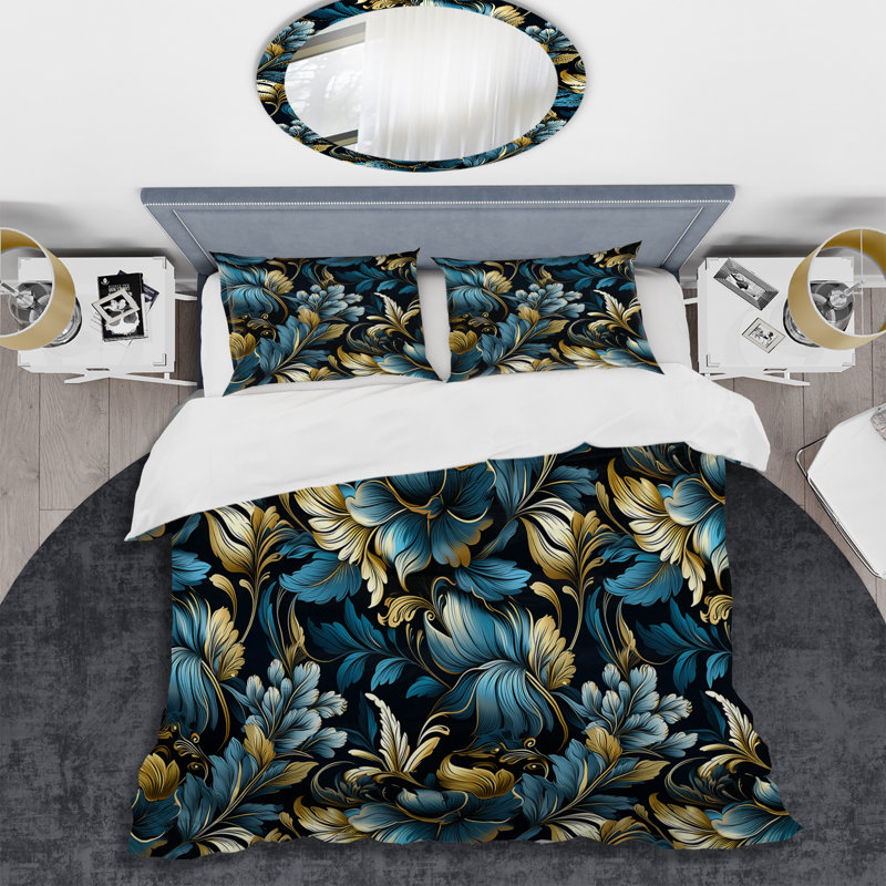 Literie de luxe damassé dorée dorée et bleue, Housse de couette simple + 1 taie décorative stan