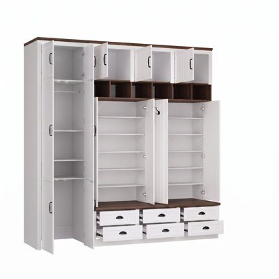94.5-Inch Wide Hall Tree Wall System with Storage Tower, Bench, Drawers, Cabinets, Cubbies, and Hooks