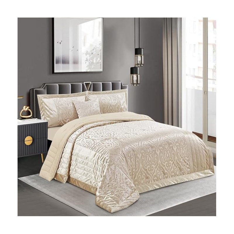 Bollara Velvet Damask Bedspread with Pillow Shams, Double/King Bedspread  + 2 Pillow Sham, Beige