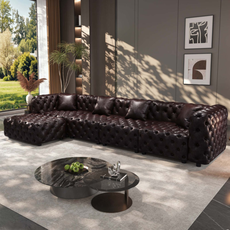 Ensemble de canapé moderne, canapé modulaire rembourré en similicuir 4 places avec conception touffetée à la main pure, 1 repose-pieds et 4 coussins, combinaison multiple pour le salon