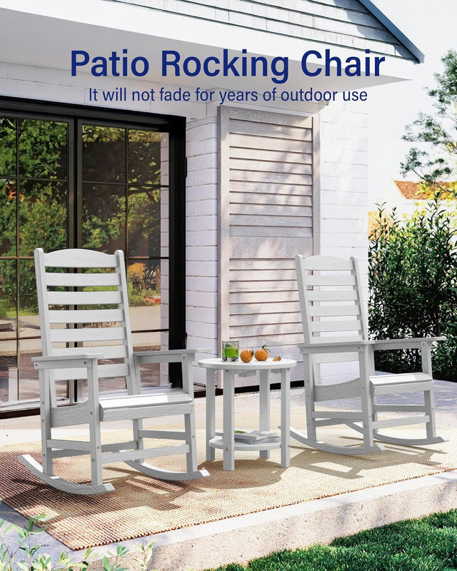 Chaise berçante d'extérieur à bascule d'extérieur toutes saisons avec dossier courbé pour terrasse, jardin, jardin, blanc
