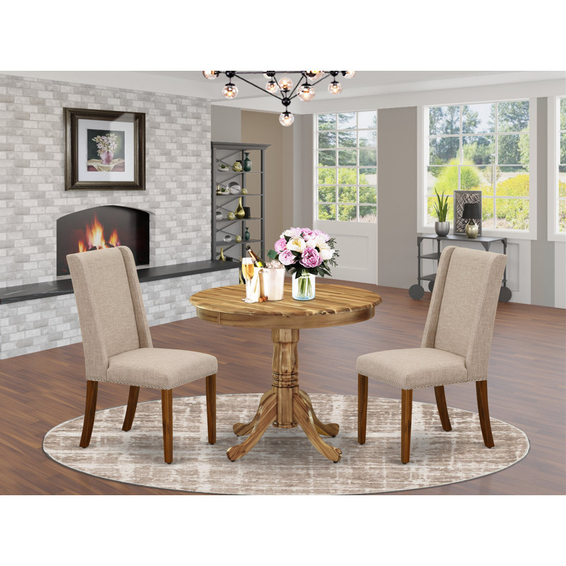 3 Piece Kitchen Table Set Contains a Round Dining Room Table with Pedestal and 2 Clay Linen Fabric Upholstered Chairs, Natural