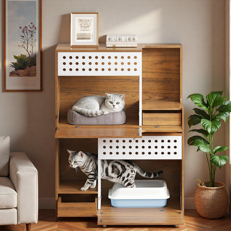 Ensemble de bac à litière moderne avec trous de ventilation Airy, Brun