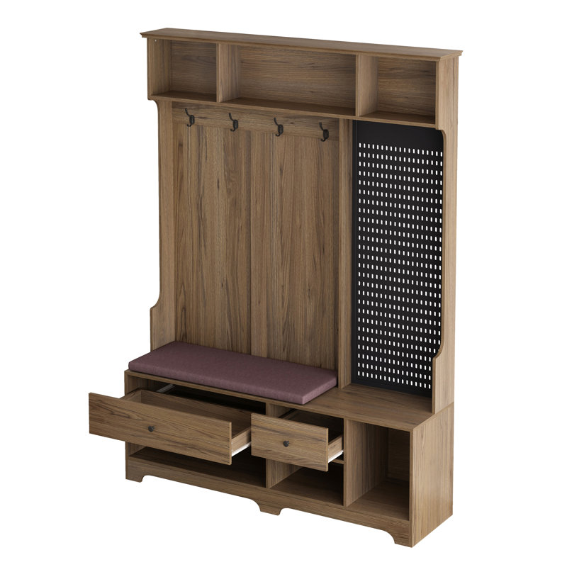 Multifunctional Hall Tree With Removable Linen Cushioned Storage Bench,DIY Pegboard And 4 Hooks, Brown