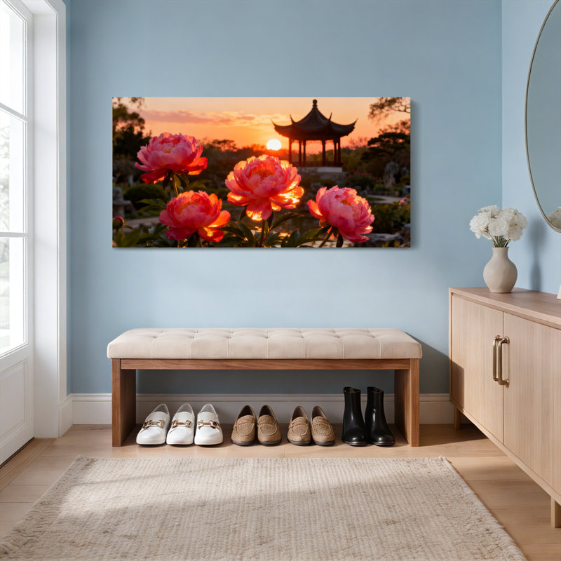 Ensemble de 1 tableau sur toile tendue représentant un paysage de coucher de soleil avec des pivoines et une pagode