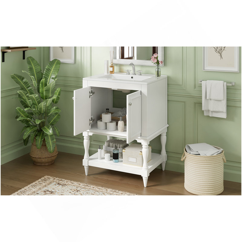 Meuble-lavabo de luxe moderne de 24 po avec lavabo en céramique, meuble de salle de bain avec tablette ouverte et rangement fermé
