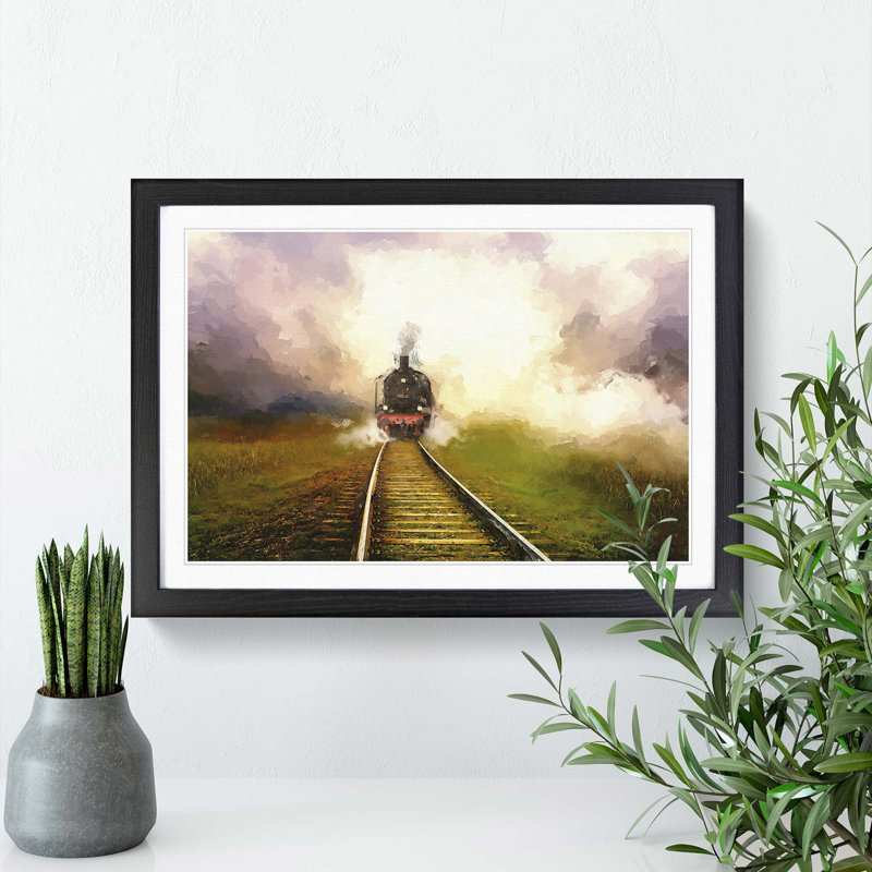 Steam Train upon the Tracks - Picture Frame Painting Print, 27cm H x 36cm W x 2cm D, Black Framed