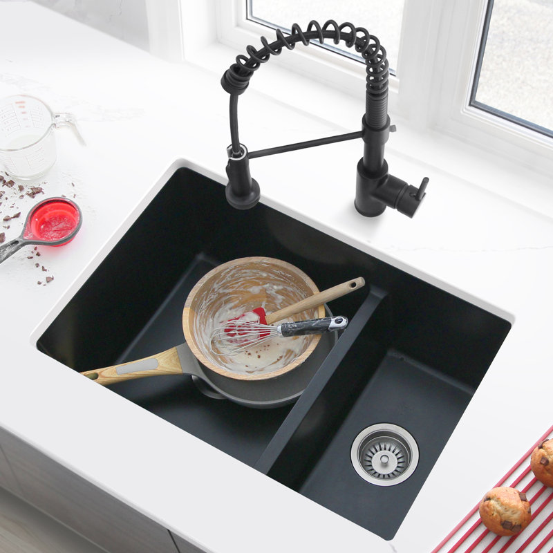 Pietra STYLISH 27 inch Double Bowl 60/40 Dual Mount Composite Granite Kitchen Sink, Black