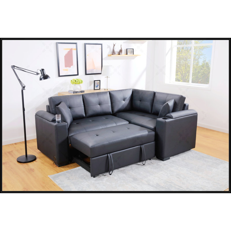 Canapé-lit modulaire en tissu noir de 84,5 po avec chargeur USB, porte-gobelets et accoudoirs de rangement Duilio