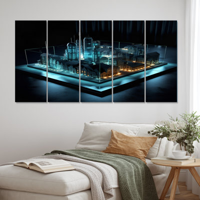 3D 3D Cityscape Futur Blue Turquoise VII - architecture futuriste, art mural salon - 5 panneaux égaux