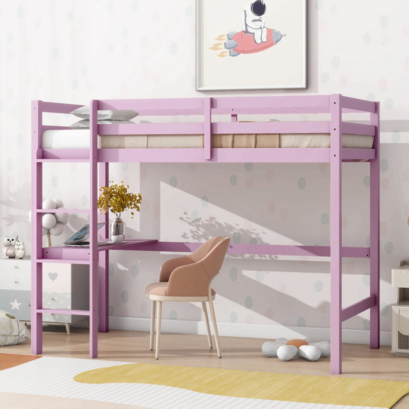 Twin High Loft Bed, Rubber Wood  Loft Bed With Safety Guardrail, Built-In Desk, Ladder, Pink