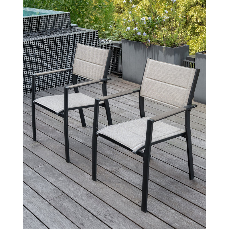Chaises de patio empilables 2 pièces, chaises de patio d'extérieur empilables en aluminium Never-Rust, ensemble de 2 chaises d'extérieur avec textilène épaissi à double couche pour terrasse, jardin, piscine, chêne chaulé