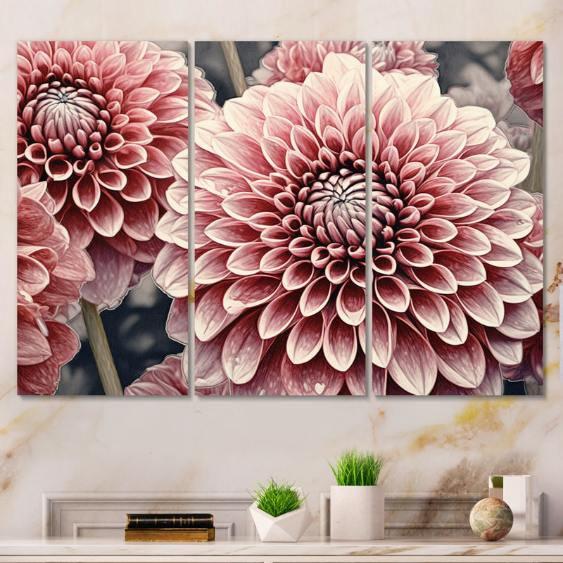 Imprimé palette de dahlia rose et noir 3 pièces, H 28 po x l 36 po x P 1 po, Metal