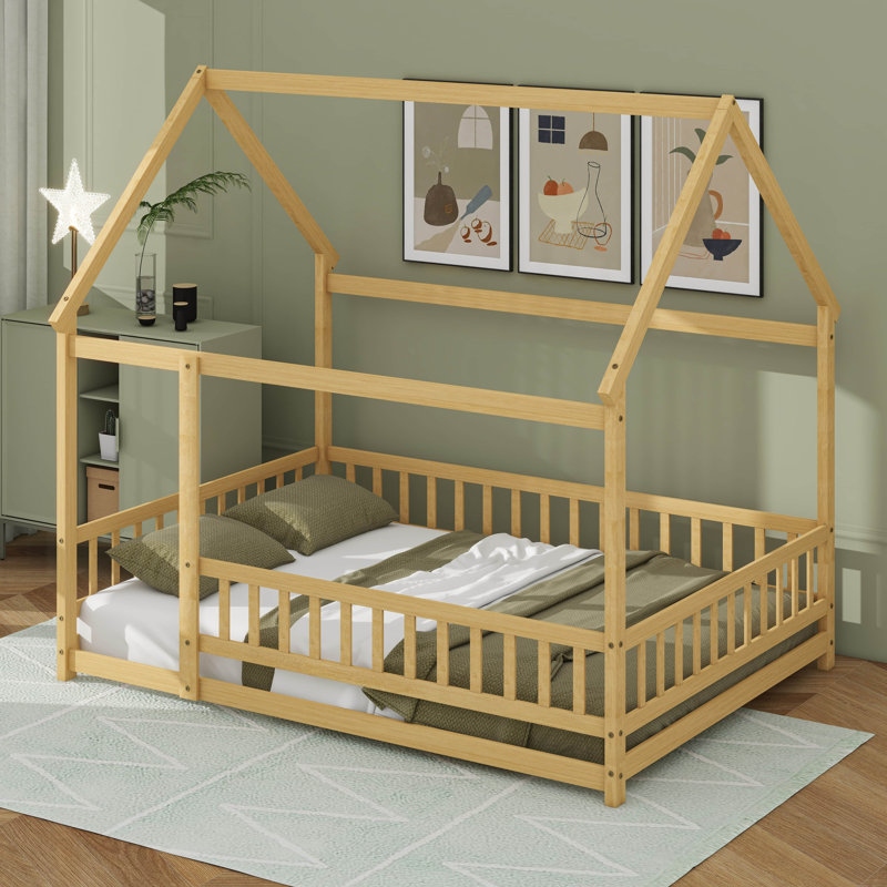 Lit double en bois pleine grandeur, lit maison avec structure de toit, Naturel, Double