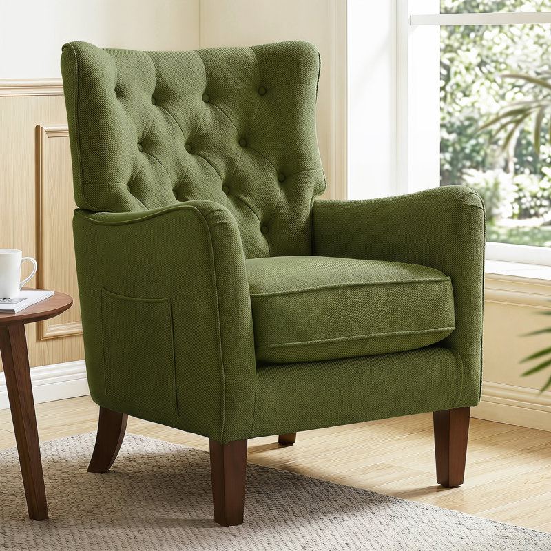 Button-Tufted Horn-Back Armchair, Accent Chair with Padded Cushion, Side Pocket and Solid Wood Legs, Green