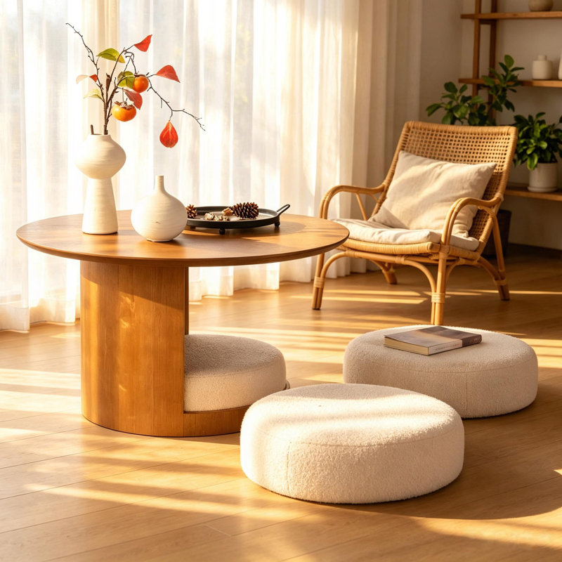 Table basse ronde en bois avec tabourets gigognes en tissu à motifs d'oursons