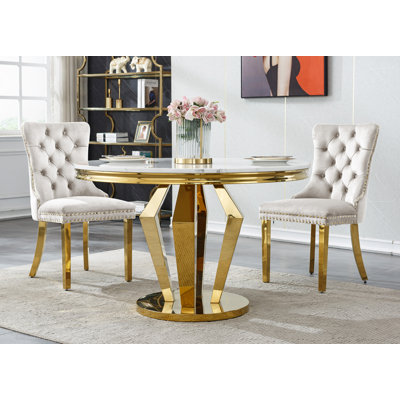 Round Dining Table Set, Faux Marble Dining Table & Velvet Chairs with Stainless Steel Pedestal, 44.88" Dining Room Table and Chairs Set, Luxury Circle Dining Table Set
