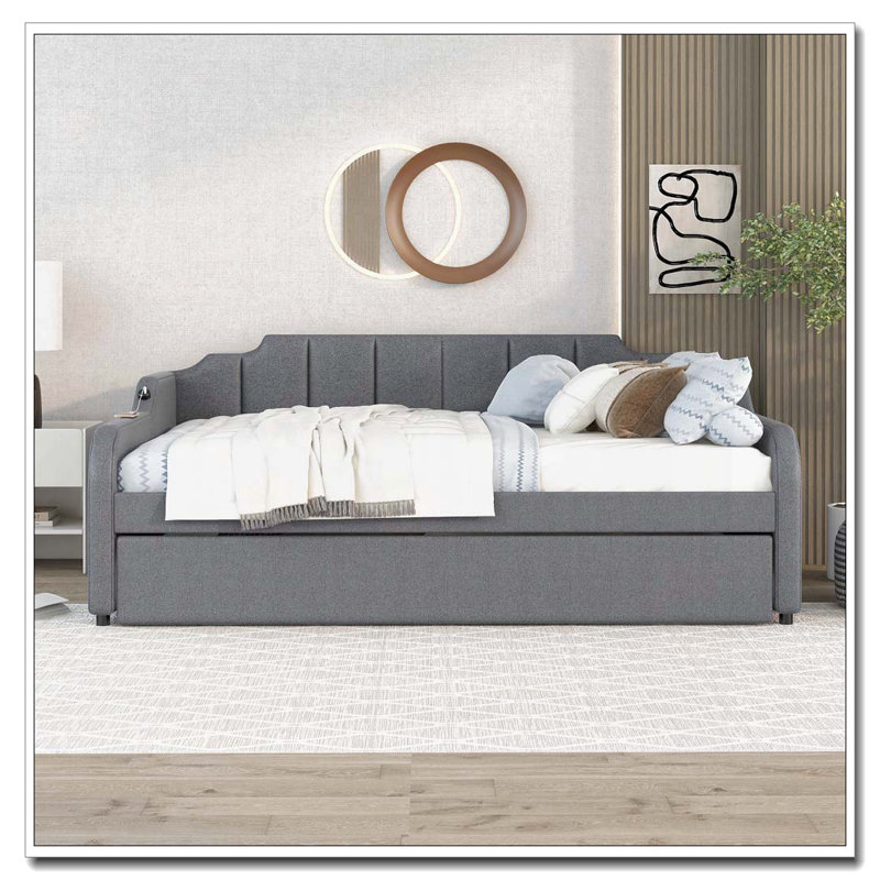 Upholstery Daybed with Trundle and USB Charging Design