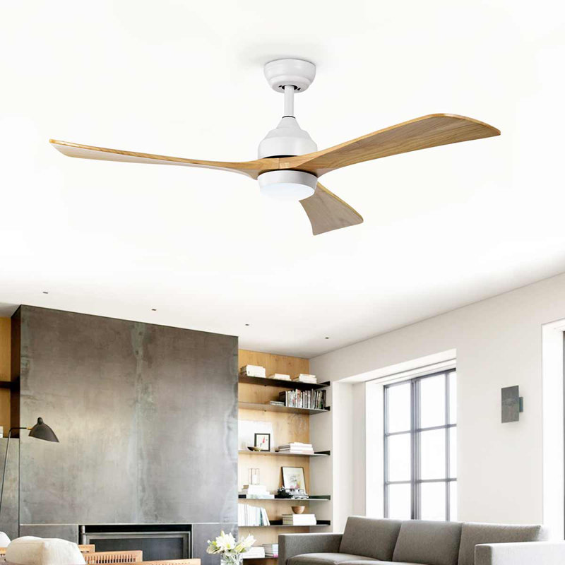 52" Solid Wood DC Motor Blade Ceiling Fan With Light & Remote Control, White, Light Brown