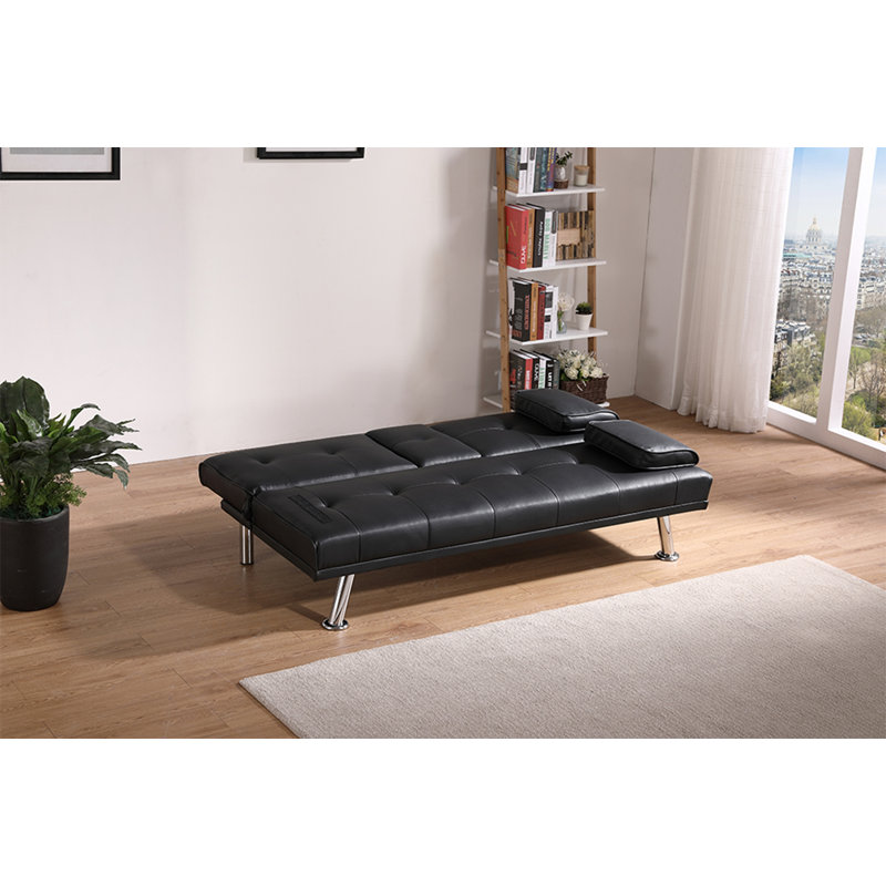 Leather Office Double Folding Sofa Bed with Matching Coffee Table, Multifunctional Design, Black