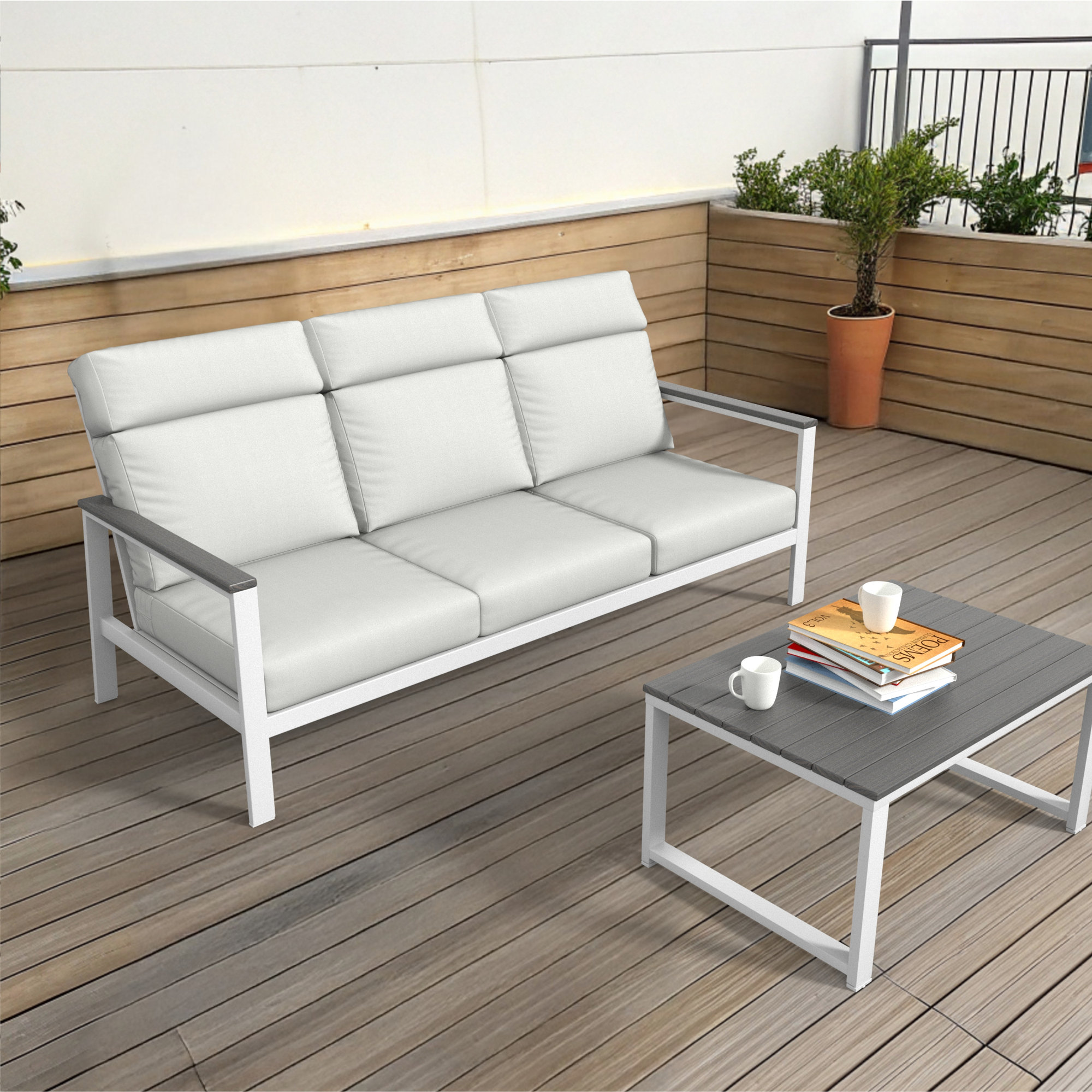 Townsend Metal Outdoor Sofa With Sunbrella Cushion, Canvas White, Solid Color