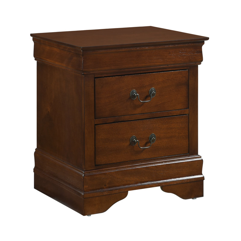 Table de chevet classique de style Louis-Philippe avec deux tiroirs et poignées en laiton antique