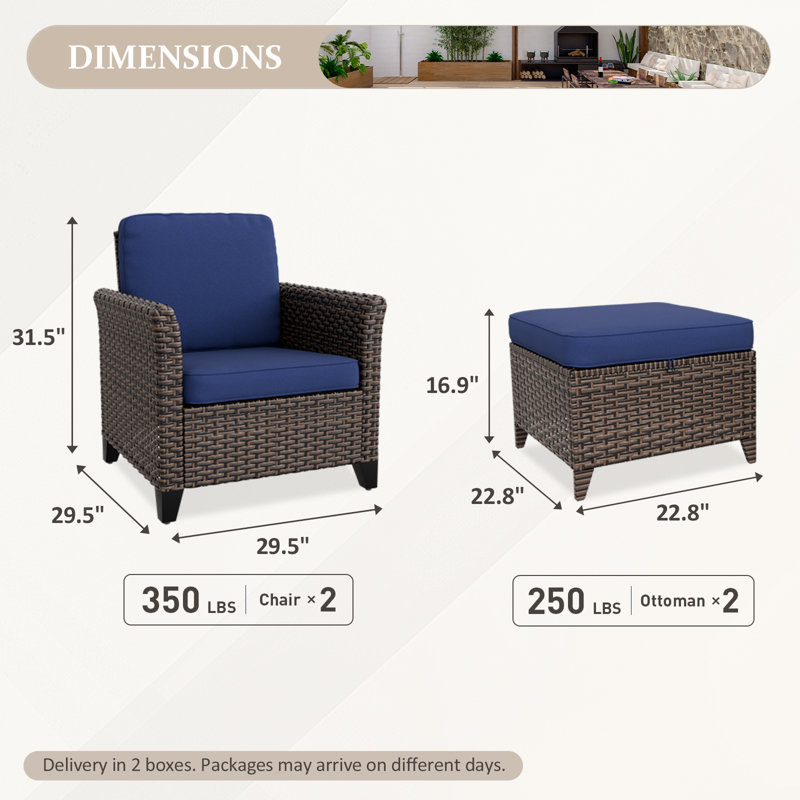 4-Piece Brown Wicker Patio Set with Blue Cushions and Ottomans