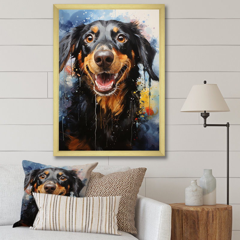 Teckel délice sur toile, H 32 po x l 24 po x P 1 po, Cadre doré simple