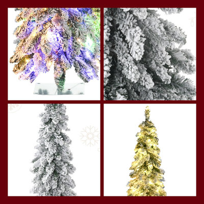 6ft Prelit Snow Flocked Pencil Artificial Christmas Tree With 250 LED Lights 407 Downswept Branches Easy Assembly Holiday Decor