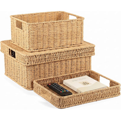 Wicker Storage Baskets with Lids for Shelves, 2-Basket Set, Natural Two rectangular wicker baskets with removable lids; lids flip into trays