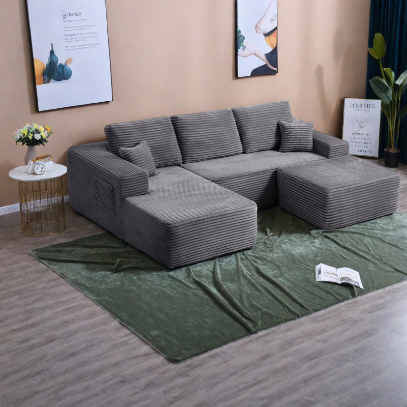 Canapé modulaire moderne en tissu moelleux, en forme de U avec méridienne, aucun assemblage requis