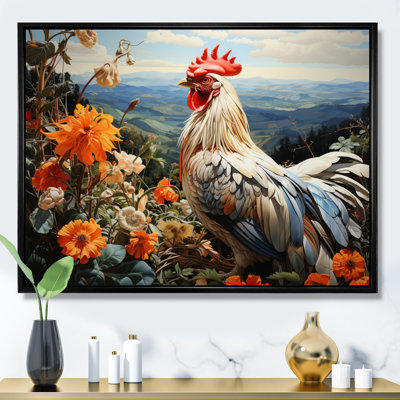 " Cream Rooster With Orange Flower Landscape "
