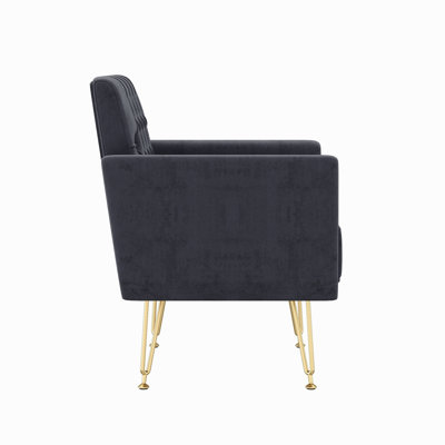 Fauteuil en velours avec canapé et fauteuil simple capitonné moderne avec accoudoirs et pieds en métal doré pour le salon / la chambre à coucher (noir)