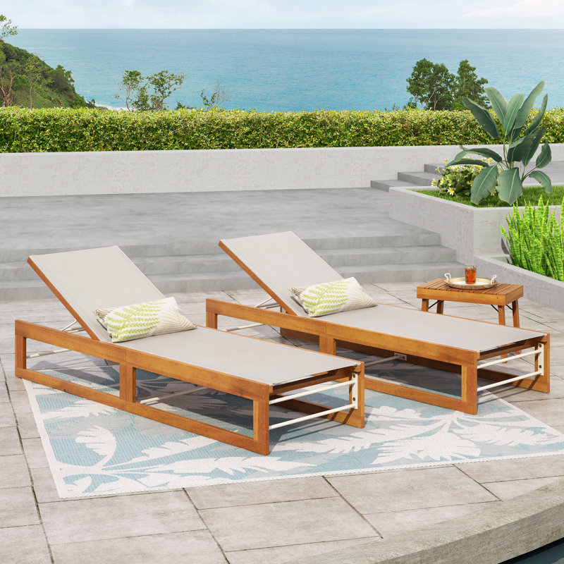 Denzer 78.75'' Long Reclining Acacia Single Chaise, Beige Mesh/Teak Frame