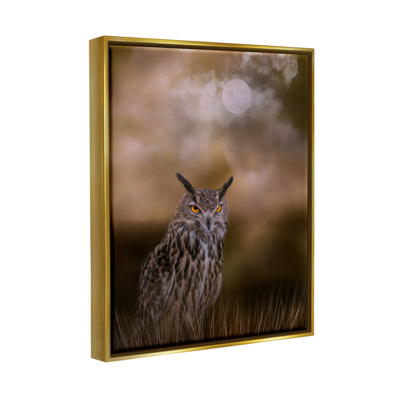 «Nighttime Owl Moonlit Cloudy Sky Floater» par Kelley Parker, H 31 po x l 25 po x P 1,7 po, Cadre flottant métallique doré