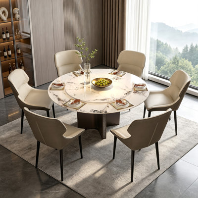 51.18''W modern round dining table, suitable for 4–6 people, with a sintered stone top, a rotating tray, and a 29.52''H stainless steel base; luxury marble-look dining table