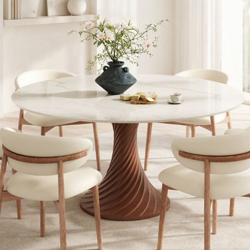 Table de salle à manger pour 4 à 8 personnes en bois massif et pierre frittée Kitchen Farmhouse, Blanc brillant / noyer