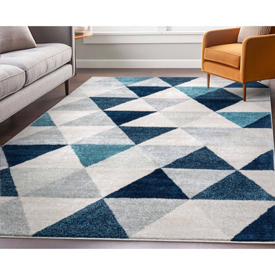 Tapis bleu / gris à motif géométrique moderne facile à nettoyer Rubino